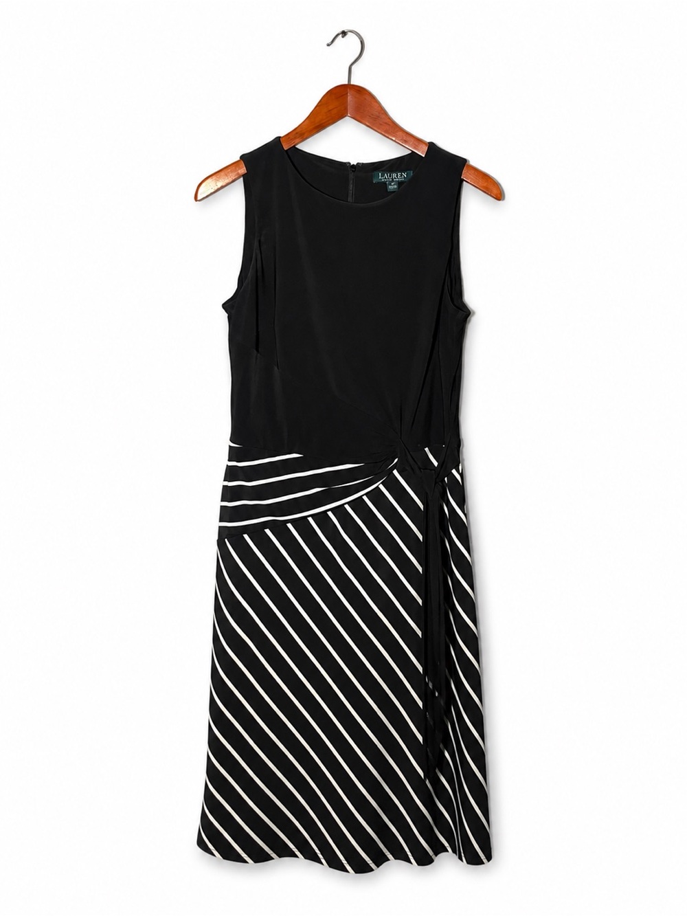 Lauren Ralph Lauren Black White Striped Midi Dress Side Tie Accent Size 8